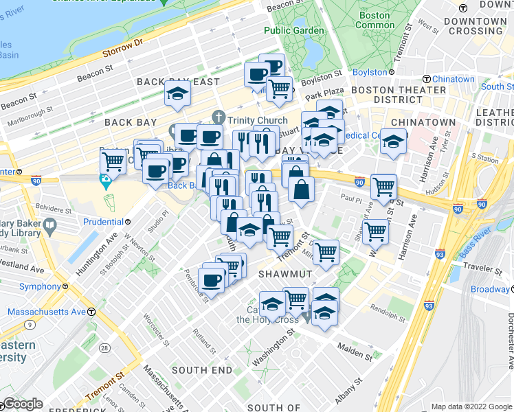 map of restaurants, bars, coffee shops, grocery stores, and more near Clarendon St & Chandler St in Boston