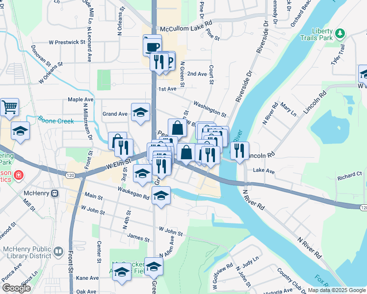 map of restaurants, bars, coffee shops, grocery stores, and more near 1311 Court Street in McHenry