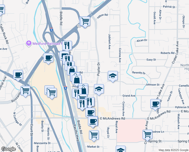 map of restaurants, bars, coffee shops, grocery stores, and more near 1290 Morrow Road in Medford