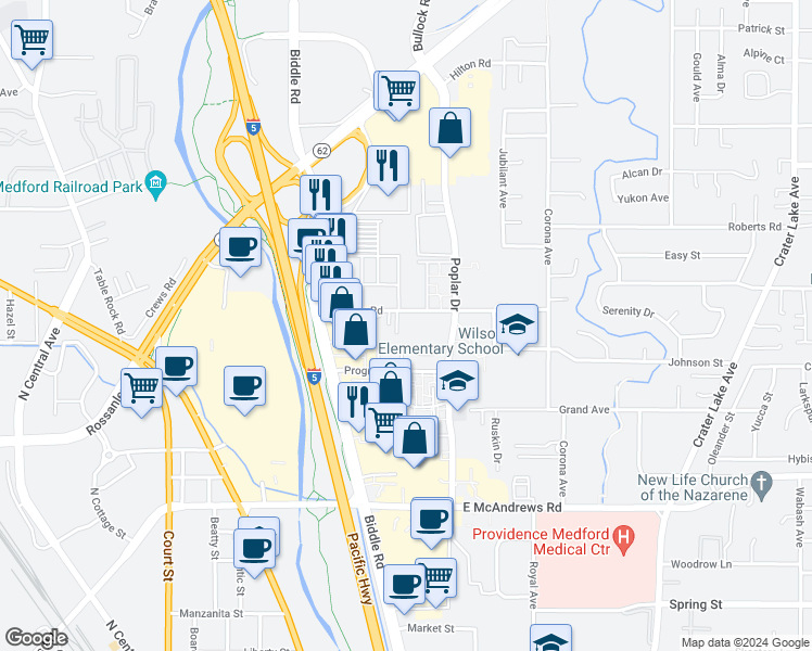 map of restaurants, bars, coffee shops, grocery stores, and more near 1220 Morrow Road in Medford