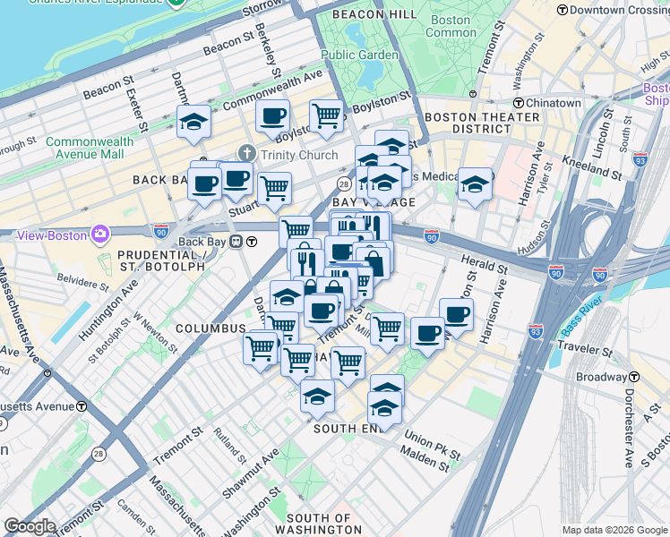 map of restaurants, bars, coffee shops, grocery stores, and more near 4 Lawrence Street in Boston