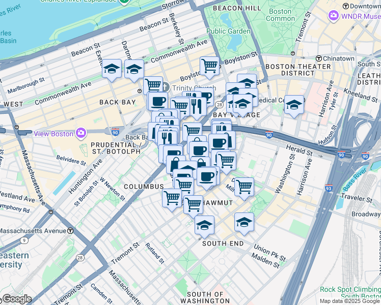 map of restaurants, bars, coffee shops, grocery stores, and more near in Boston