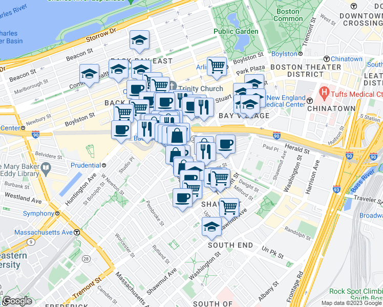 map of restaurants, bars, coffee shops, grocery stores, and more near 331 Columbus Avenue in Boston