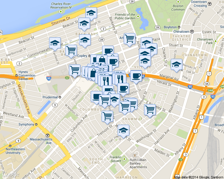 map of restaurants, bars, coffee shops, grocery stores, and more near in Boston