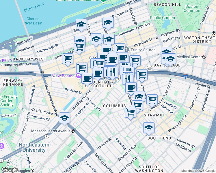 map of restaurants, bars, coffee shops, grocery stores, and more near 100 Huntington Avenue in Boston