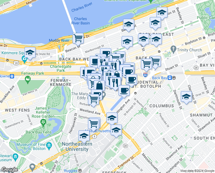 map of restaurants, bars, coffee shops, grocery stores, and more near 40 Dalton Street in Boston