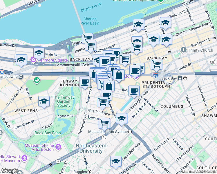 map of restaurants, bars, coffee shops, grocery stores, and more near 14 Belvidere Street in Boston