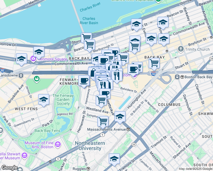 map of restaurants, bars, coffee shops, grocery stores, and more near 14 Belvidere Street in Boston