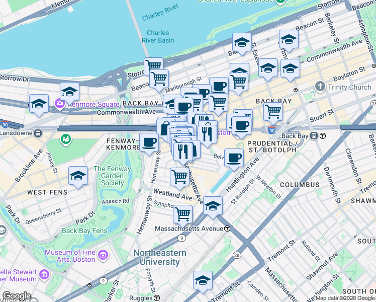 map of restaurants, bars, coffee shops, grocery stores, and more near 14 Belvidere Street in Boston