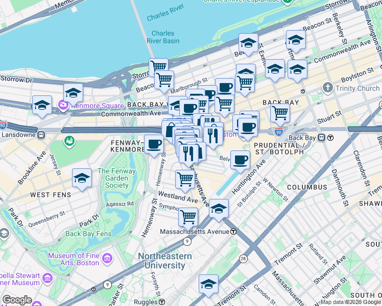 map of restaurants, bars, coffee shops, grocery stores, and more near 14 Belvidere Street in Boston