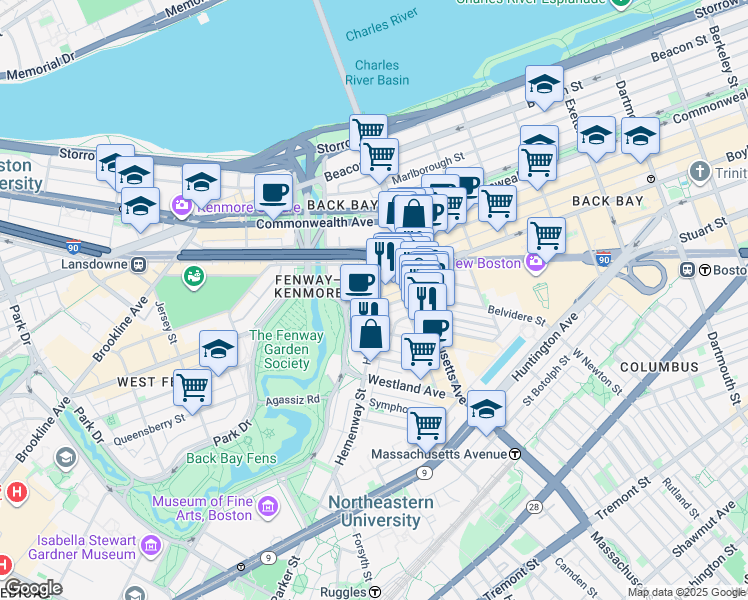 map of restaurants, bars, coffee shops, grocery stores, and more near in Boston