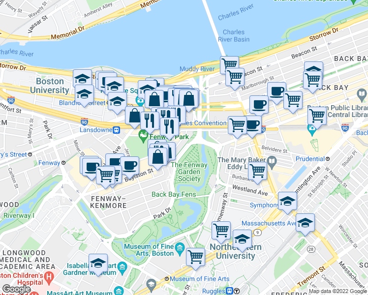 map of restaurants, bars, coffee shops, grocery stores, and more near 1179 Boylston Street in Boston