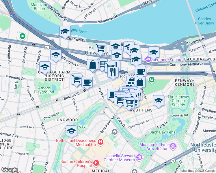 map of restaurants, bars, coffee shops, grocery stores, and more near 9 Miner Street in Boston