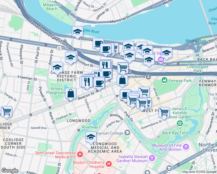 map of restaurants, bars, coffee shops, grocery stores, and more near 912 Beacon Street in Boston