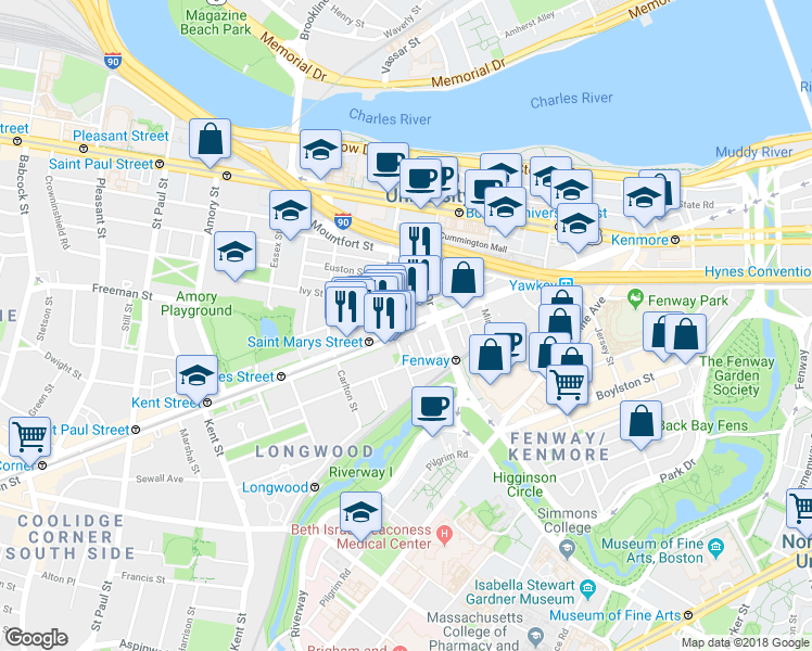 map of restaurants, bars, coffee shops, grocery stores, and more near 912 Beacon Street in Boston