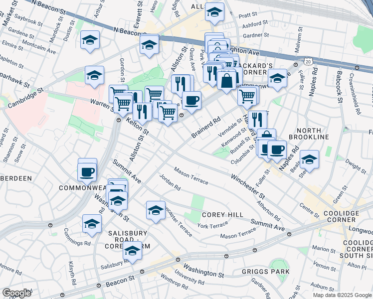 map of restaurants, bars, coffee shops, grocery stores, and more near in Boston