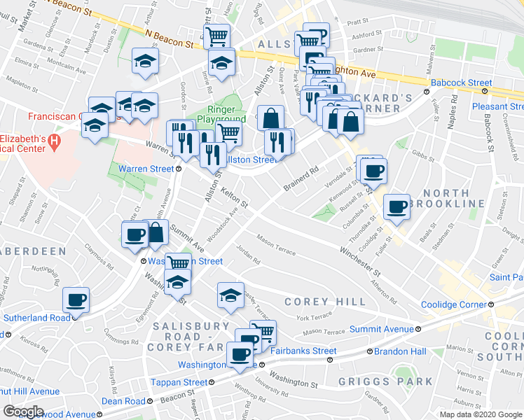 map of restaurants, bars, coffee shops, grocery stores, and more near 239 Kelton Street in Boston
