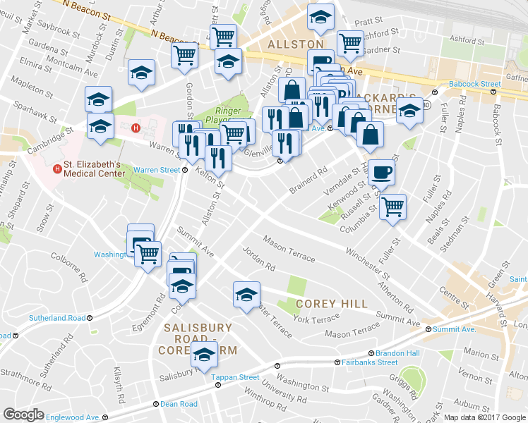 map of restaurants, bars, coffee shops, grocery stores, and more near 239 Kelton Street in Boston