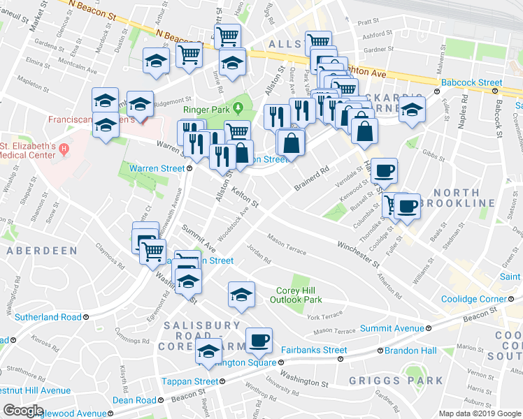 map of restaurants, bars, coffee shops, grocery stores, and more near 239 Kelton Street in Boston