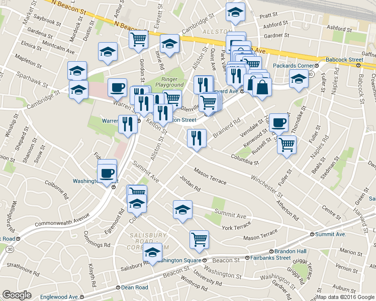 map of restaurants, bars, coffee shops, grocery stores, and more near 239 Kelton Street in Boston