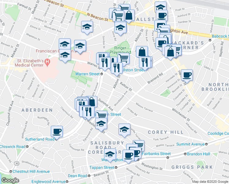 map of restaurants, bars, coffee shops, grocery stores, and more near in Boston