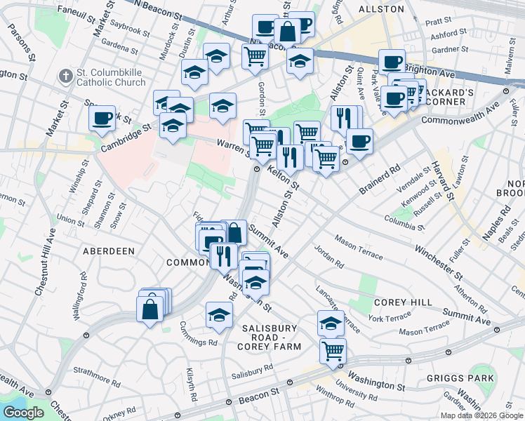 map of restaurants, bars, coffee shops, grocery stores, and more near 1486 Commonwealth Avenue in Boston