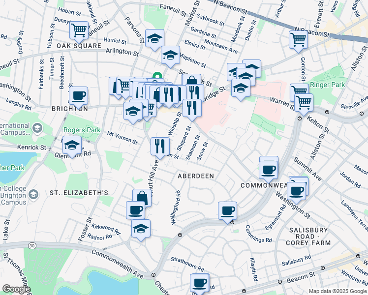 map of restaurants, bars, coffee shops, grocery stores, and more near 39 Shepard Street in Boston