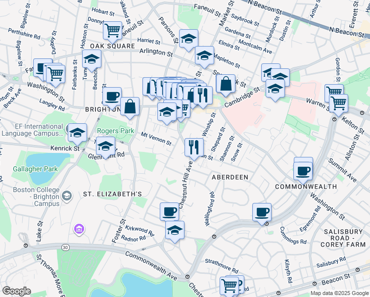 map of restaurants, bars, coffee shops, grocery stores, and more near 82 Academy Hill Road in Boston
