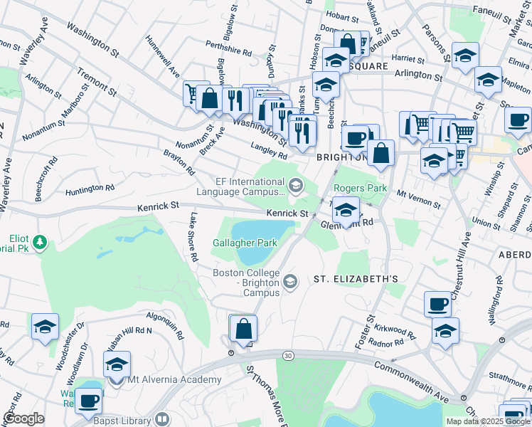map of restaurants, bars, coffee shops, grocery stores, and more near 54 Kenrick Street in Boston
