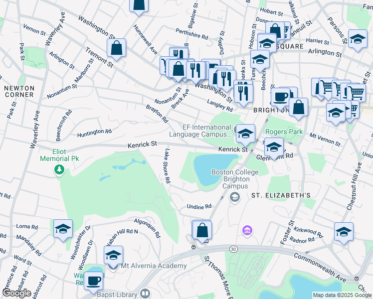 map of restaurants, bars, coffee shops, grocery stores, and more near 110-112 Kenrick Street in Boston