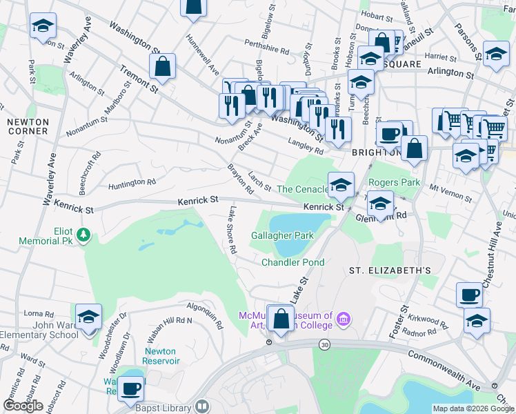 map of restaurants, bars, coffee shops, grocery stores, and more near 110-112 Kenrick Street in Boston