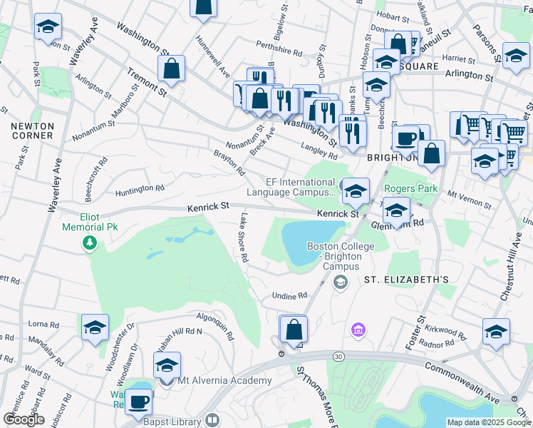 map of restaurants, bars, coffee shops, grocery stores, and more near 110-112 Kenrick Street in Boston