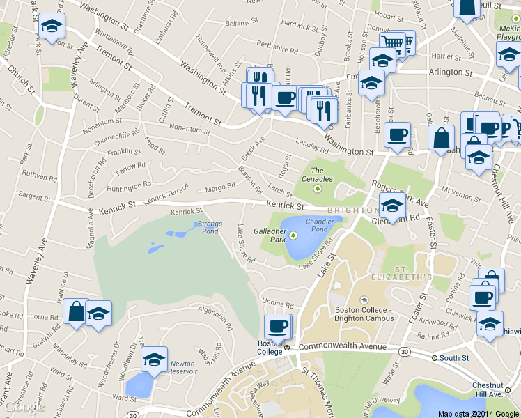 map of restaurants, bars, coffee shops, grocery stores, and more near 150 Kenrick Street in Boston