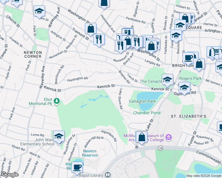 map of restaurants, bars, coffee shops, grocery stores, and more near 23 Lake Shore Court in Boston