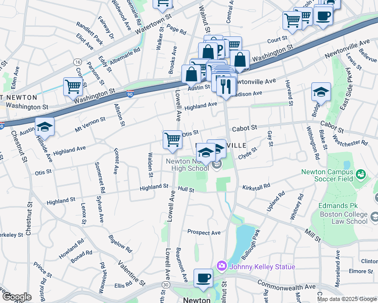 map of restaurants, bars, coffee shops, grocery stores, and more near 63 Elm Road in Newton