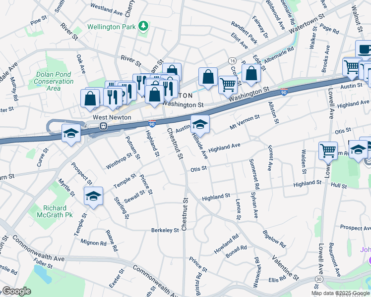 map of restaurants, bars, coffee shops, grocery stores, and more near 30 Westfield Road in Newton