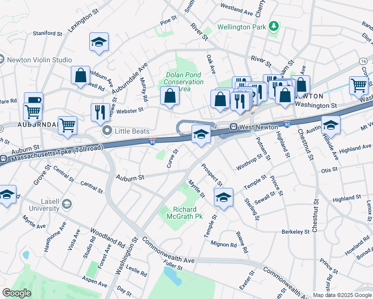 map of restaurants, bars, coffee shops, grocery stores, and more near 8 Curve Street in Newton