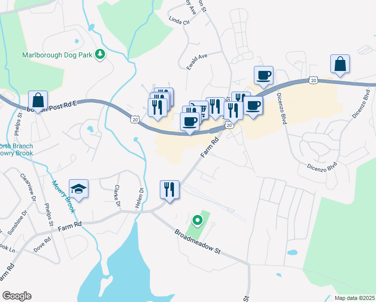 map of restaurants, bars, coffee shops, grocery stores, and more near 740 Farm Road in Marlborough