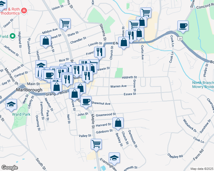 map of restaurants, bars, coffee shops, grocery stores, and more near 44 Warren Avenue in Marlborough
