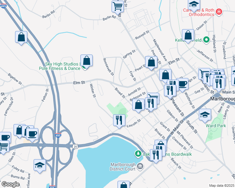 map of restaurants, bars, coffee shops, grocery stores, and more near 195 Broad Street in Marlborough