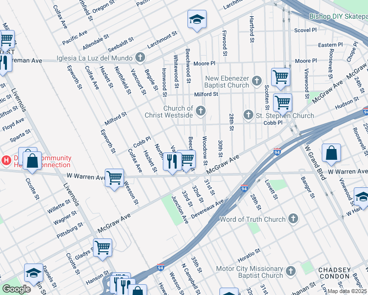map of restaurants, bars, coffee shops, grocery stores, and more near 5845 Begole Street in Detroit