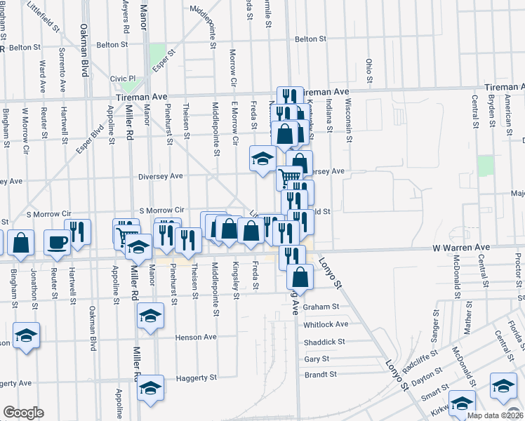 map of restaurants, bars, coffee shops, grocery stores, and more near 7413 Normile Street in Dearborn