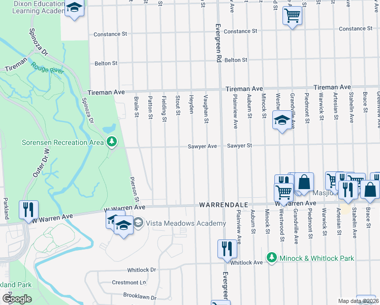 map of restaurants, bars, coffee shops, grocery stores, and more near 7441 Heyden in Detroit
