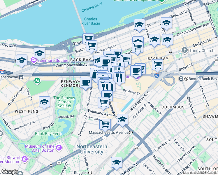 map of restaurants, bars, coffee shops, grocery stores, and more near 14 Belvidere Street in Boston