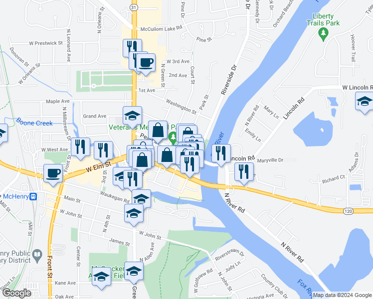 map of restaurants, bars, coffee shops, grocery stores, and more near 3318 Pearl Street in McHenry