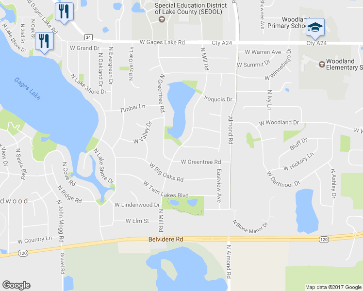 map of restaurants, bars, coffee shops, grocery stores, and more near 33300 N Mill Rd in Gages Lake
