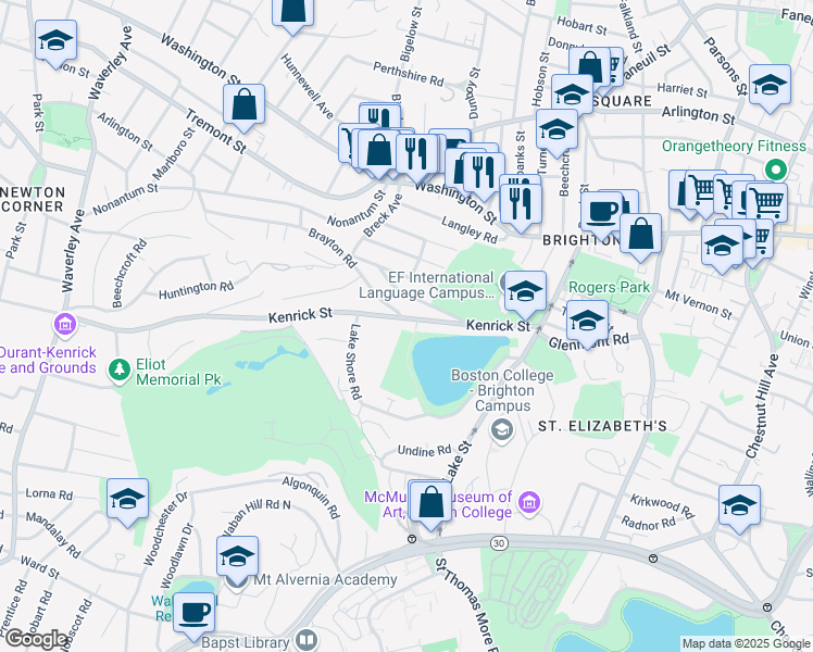 map of restaurants, bars, coffee shops, grocery stores, and more near 110-112 Kenrick Street in Boston