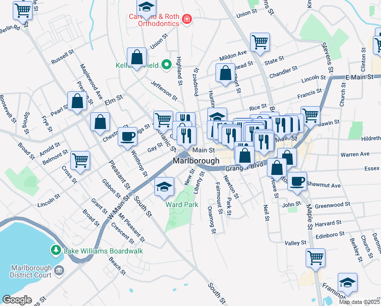 map of restaurants, bars, coffee shops, grocery stores, and more near in Marlborough