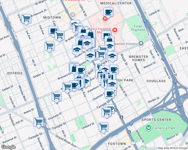 map of restaurants, bars, coffee shops, grocery stores, and more near 3501 Woodward Avenue in Detroit