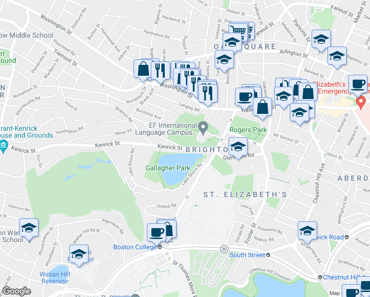 map of restaurants, bars, coffee shops, grocery stores, and more near Kenrick St & Larch St in Boston